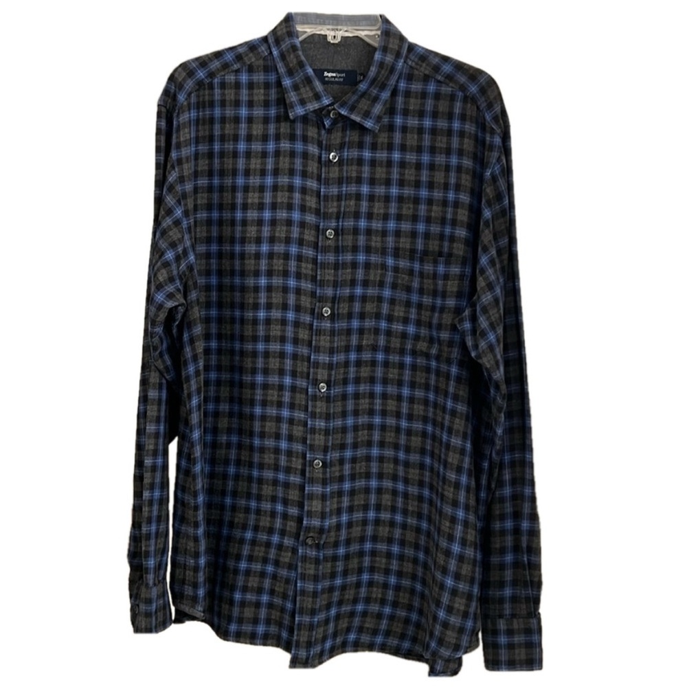 Zegna Sport Blue/Black Plaid Cotton Wool Long Sleeve Shirt. Size XL.